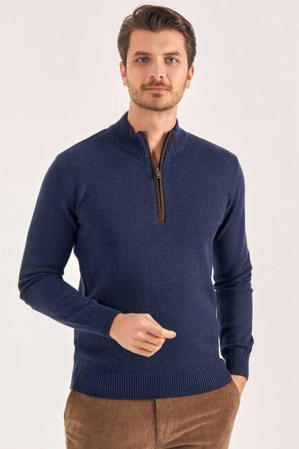 Light Navy 100% Cotton Short Zip-Up Sweater - 2