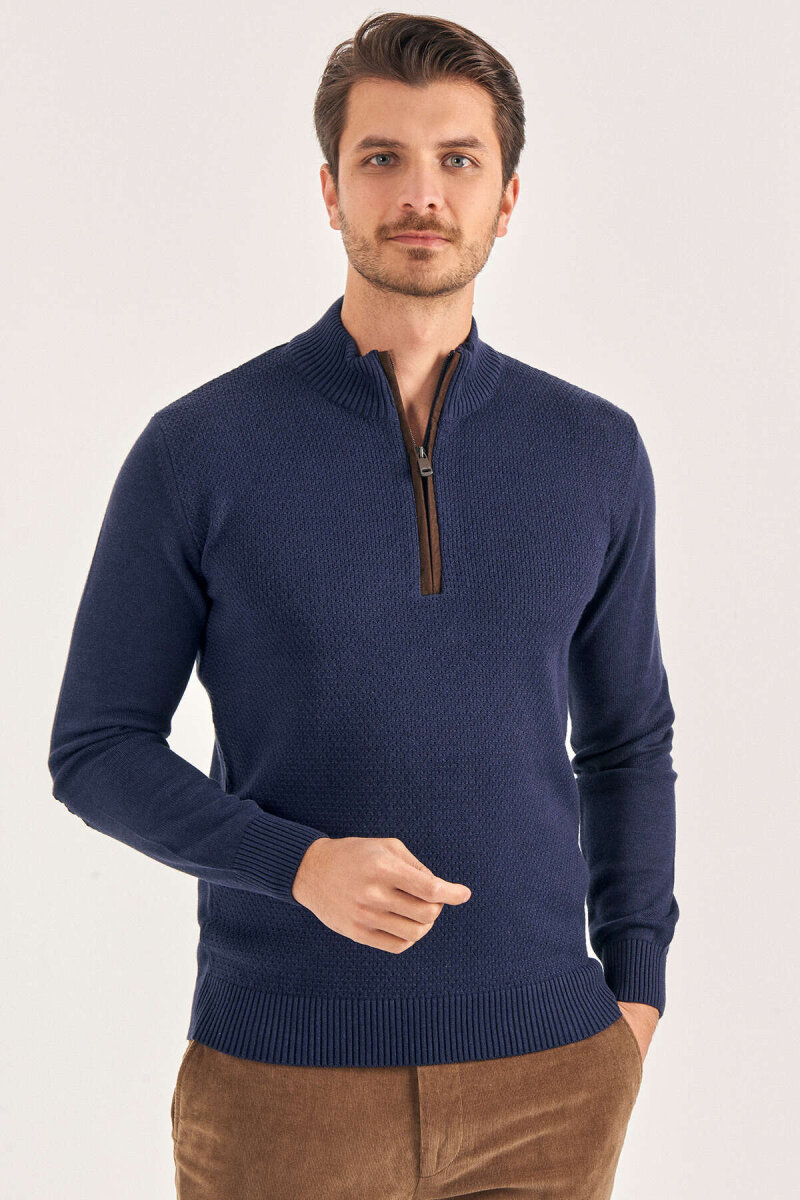 Light Navy 100% Cotton Short Zip-Up Sweater - 2