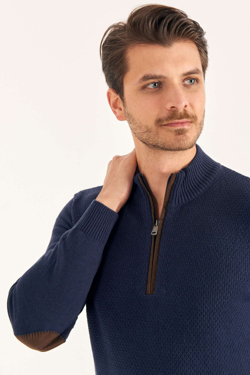 Light Navy 100% Cotton Short Zip-Up Sweater - 3