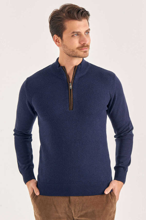 Light Navy 100% Cotton Short Zip-Up Sweater - 1
