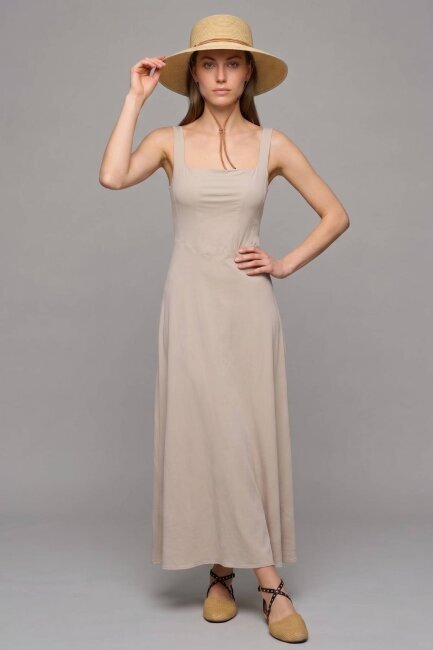 Bej Askılı Midi Elbise 