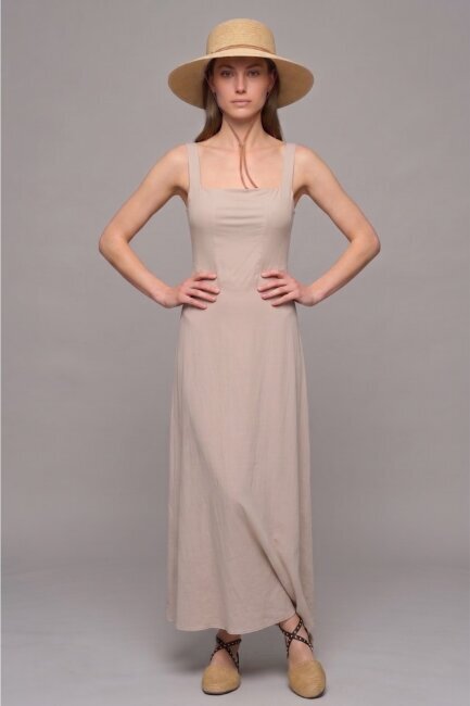 Bej Askılı Midi Elbise - 4