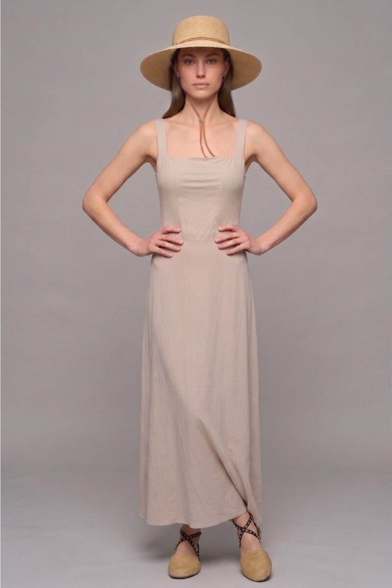 Bej Askılı Midi Elbise - 4