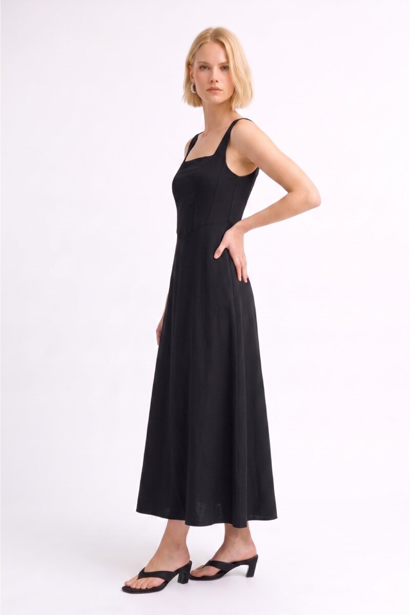 Siyah Askılı Midi Elbise - 4