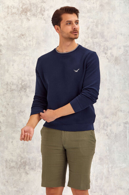 Navy Blue 100% Cotton Round Neck Sweatshirt - 1