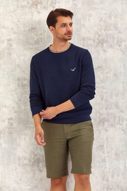 Navy Blue 100% Cotton Round Neck Sweatshirt - 2