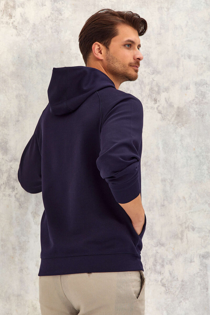 Navy Blue Cotton Hooded Sweatshirt - 5