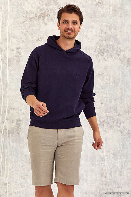 Lacivert Pamuklu Kapüşonlu Sweatshirt