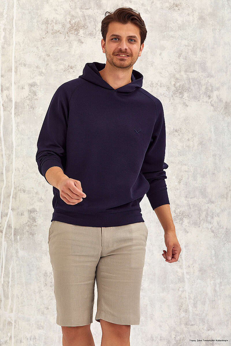 Lacivert Pamuklu Kapüşonlu Sweatshirt