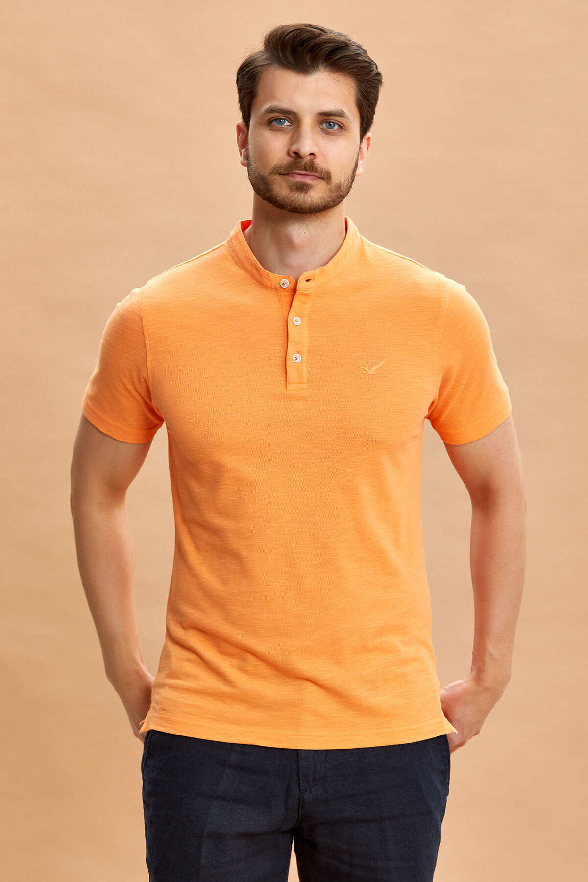 Orange 100% Cotton Mandarin Collar T-shirt - 1