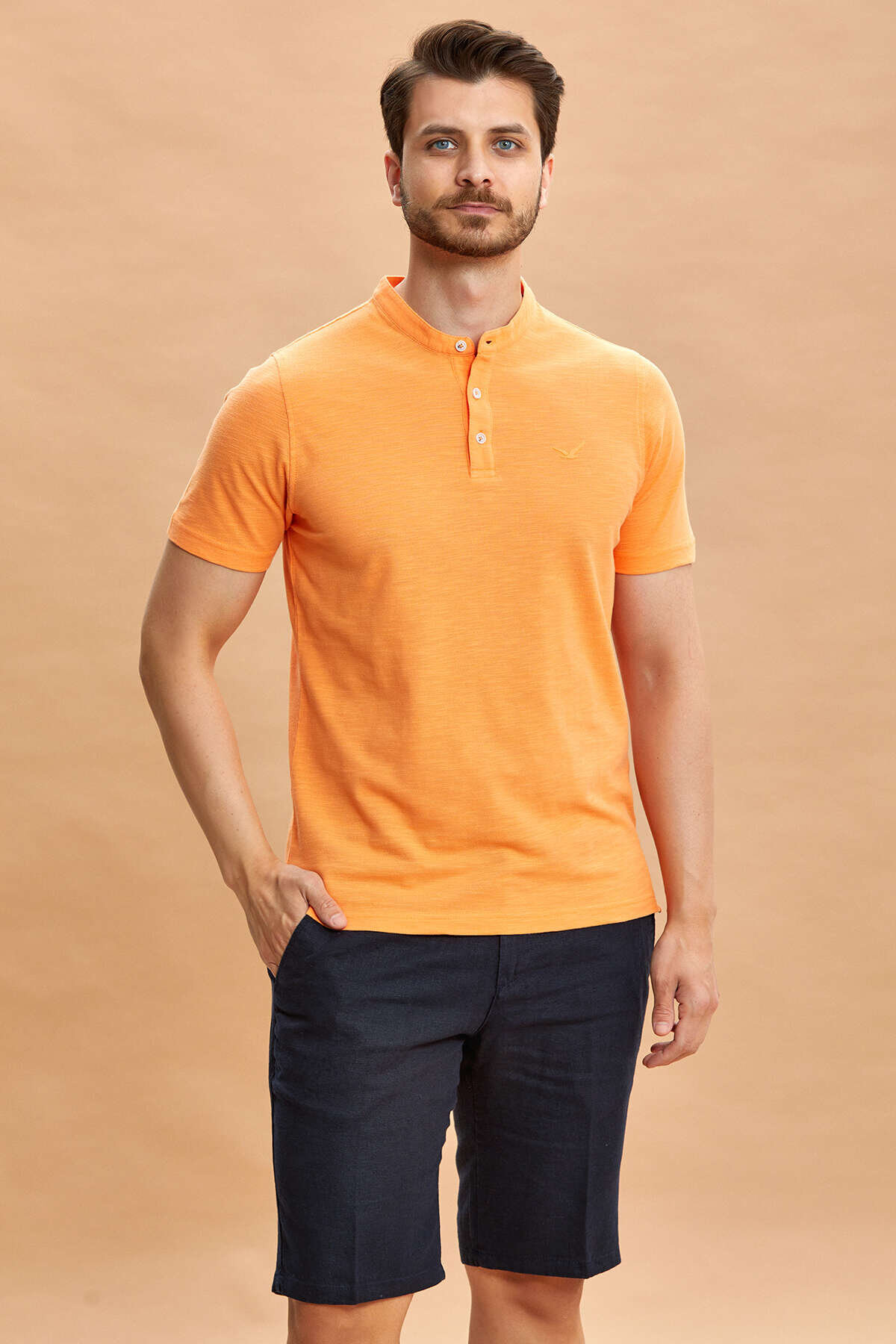 Orange 100% Cotton Mandarin Collar T-shirt - 4
