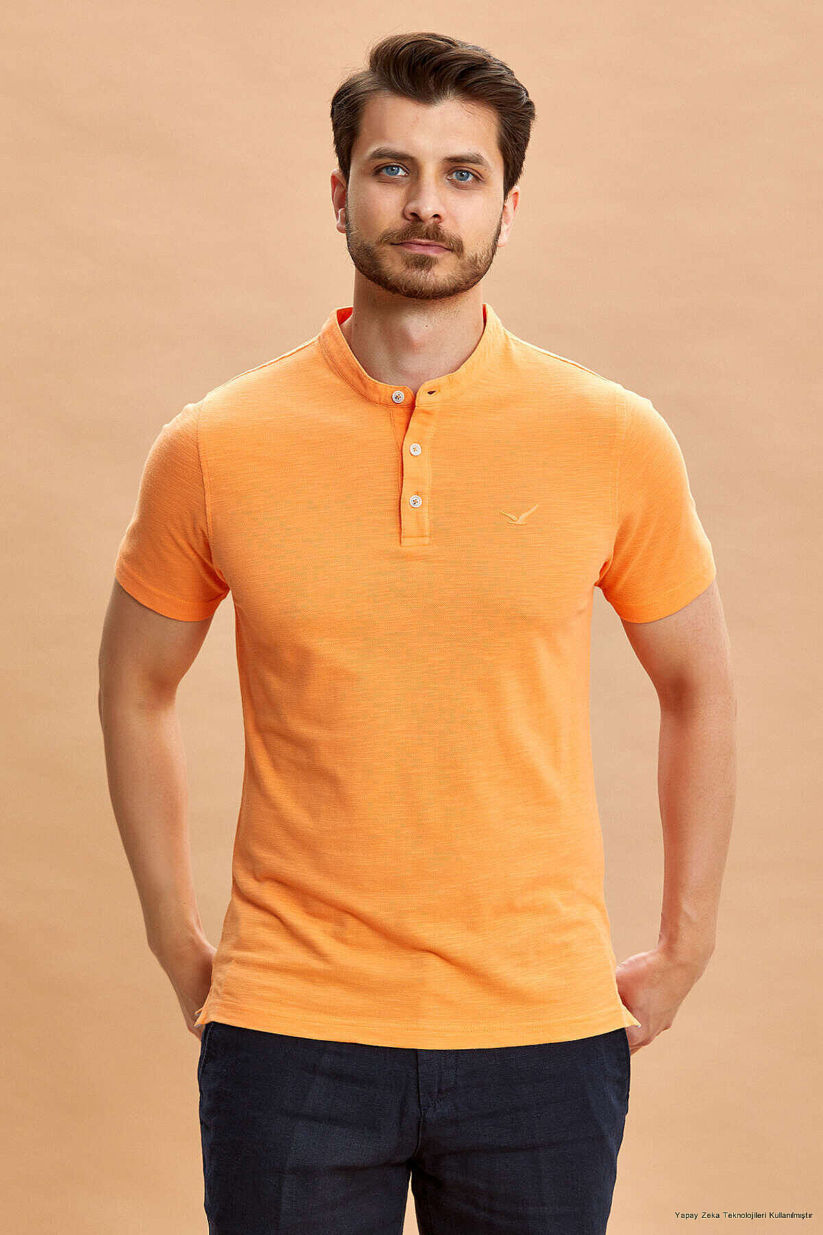 Orange 100% Cotton Mandarin Collar T-shirt - 1