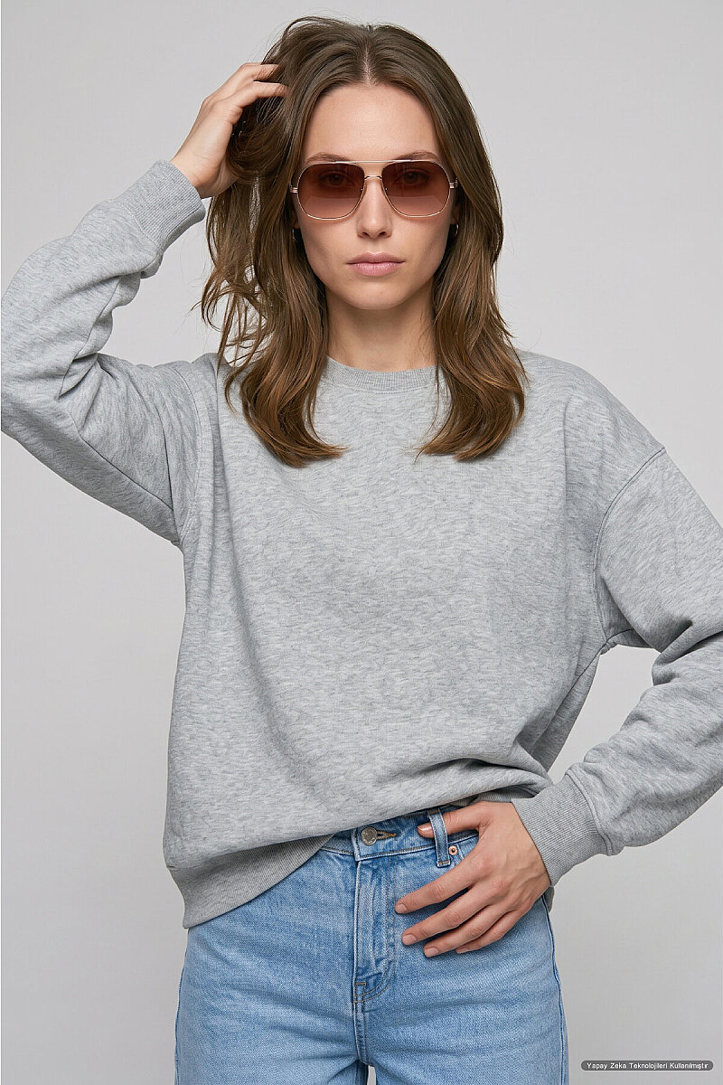 Gri %100 Pamuk Crop Sweatshirt