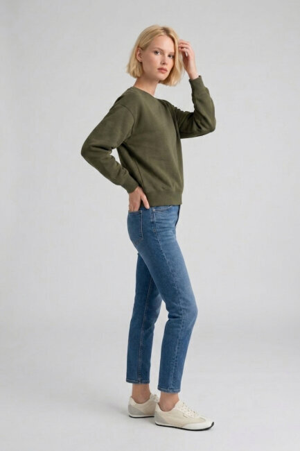 Haki %100 Pamuk Crop Sweatshirt - 4