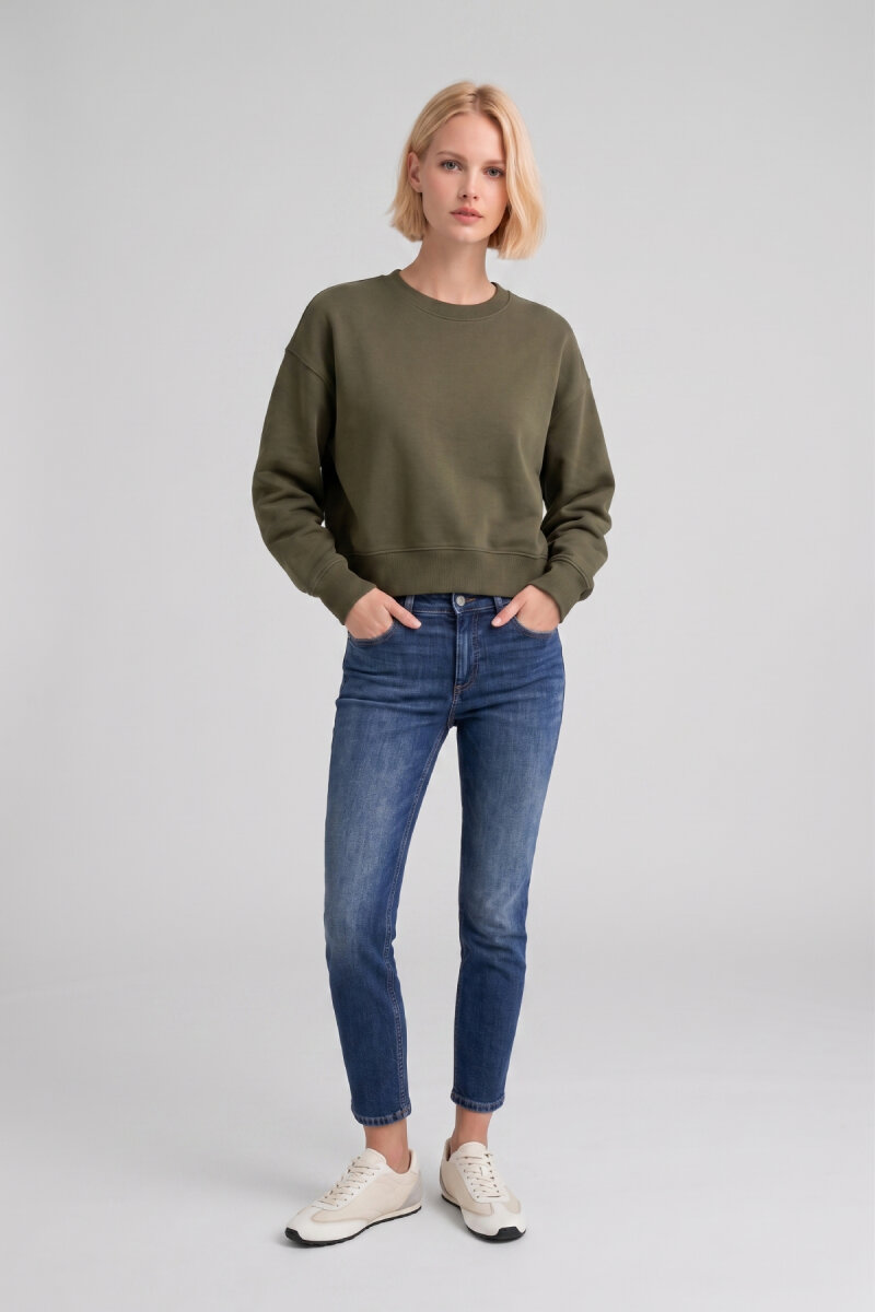 Haki %100 Pamuk Crop Sweatshirt - 2