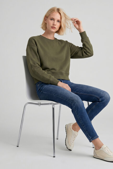 Haki %100 Pamuk Crop Sweatshirt - 3