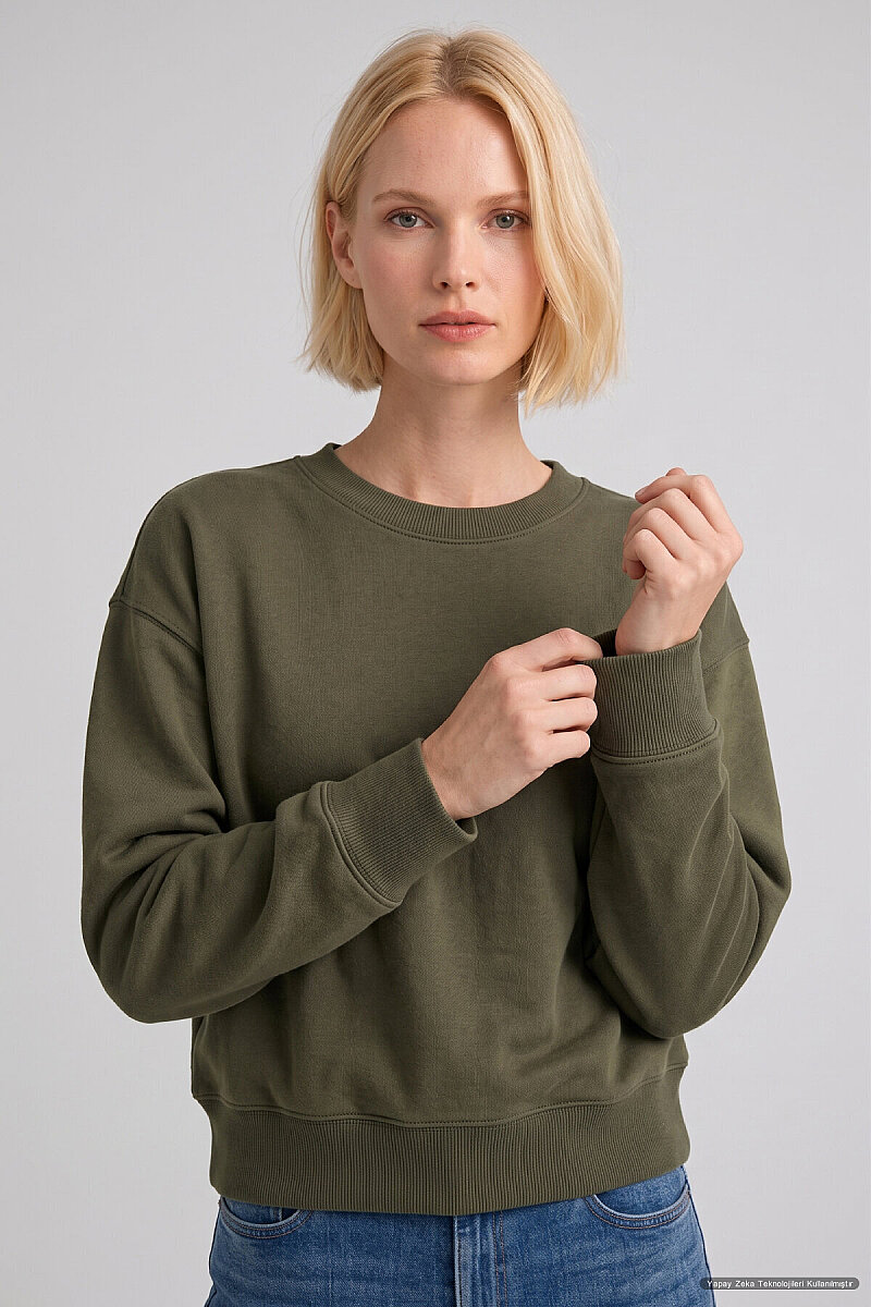 Haki %100 Pamuk Crop Sweatshirt
