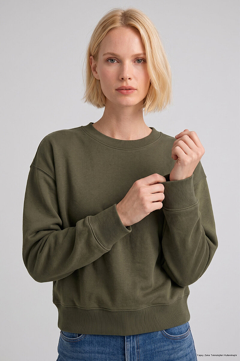 Haki %100 Pamuk Crop Sweatshirt