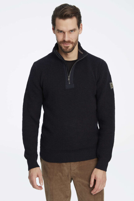 Navy Blue 100% Cotton Short Zip Striped Sweater - 1