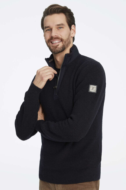 Navy Blue 100% Cotton Short Zip Striped Sweater - 2