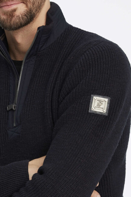 Navy Blue 100% Cotton Short Zip Striped Sweater - 3