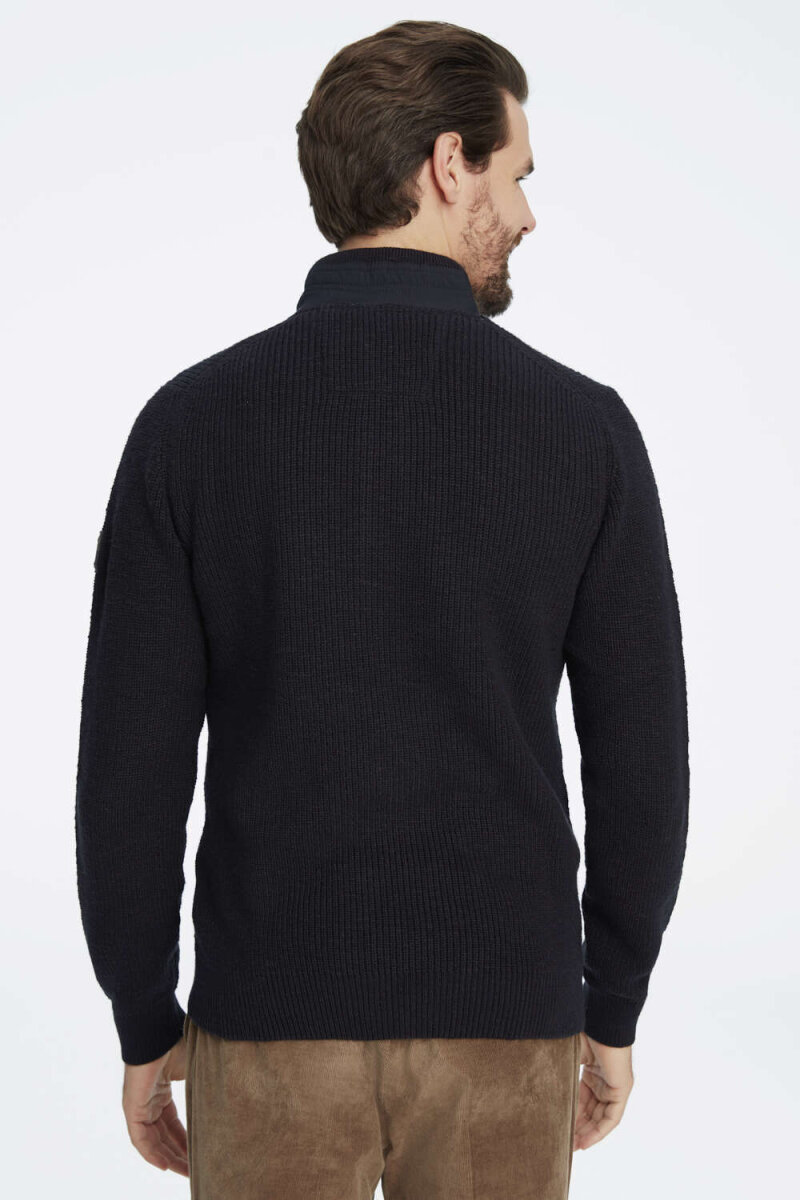 Navy Blue 100% Cotton Short Zip Striped Sweater - 4