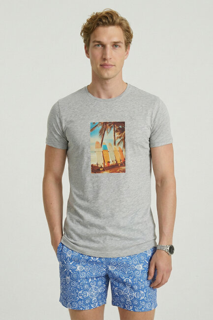 Grey Melange 100% Cotton Printed T-shirt