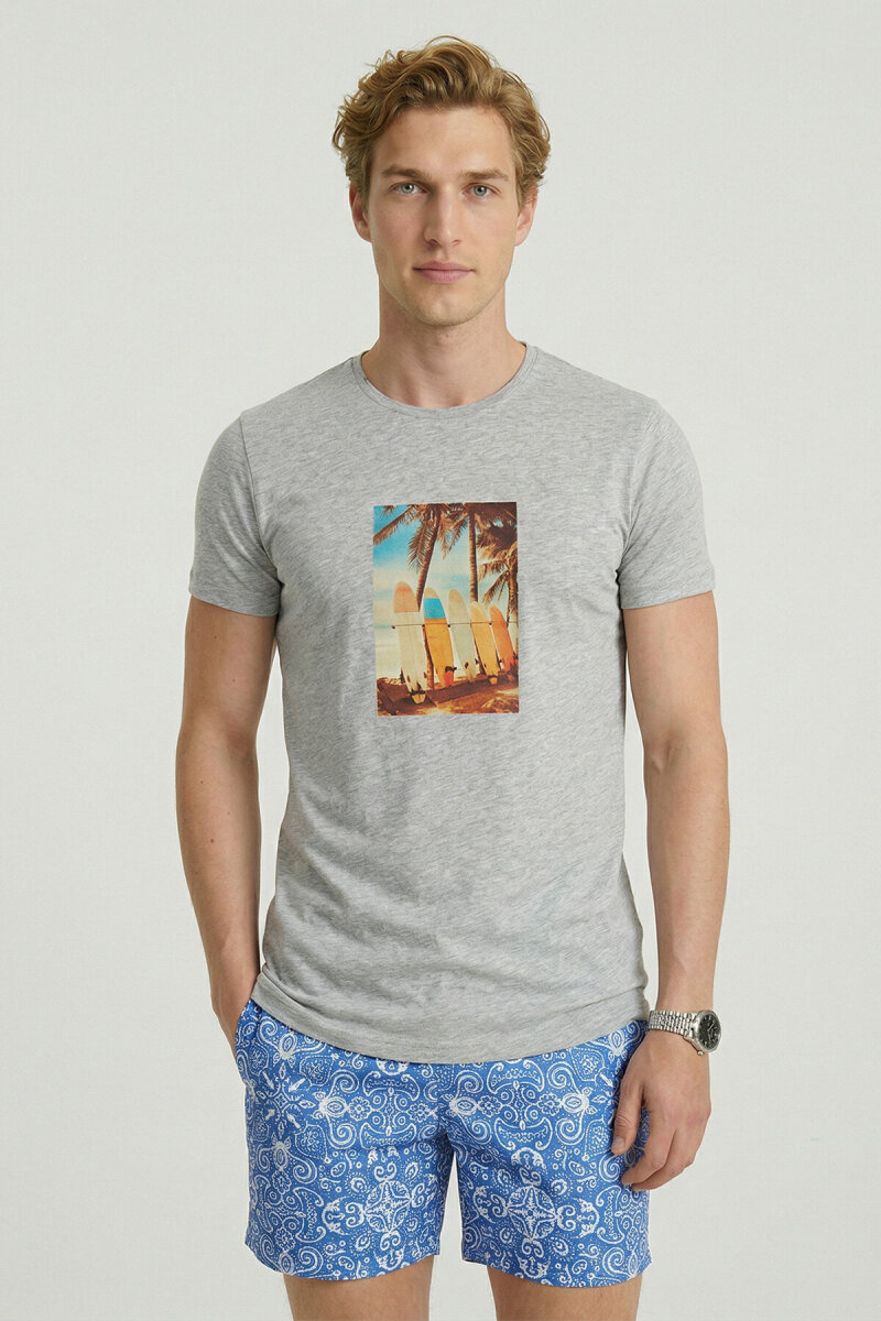 Grey Melange 100% Cotton Printed T-shirt