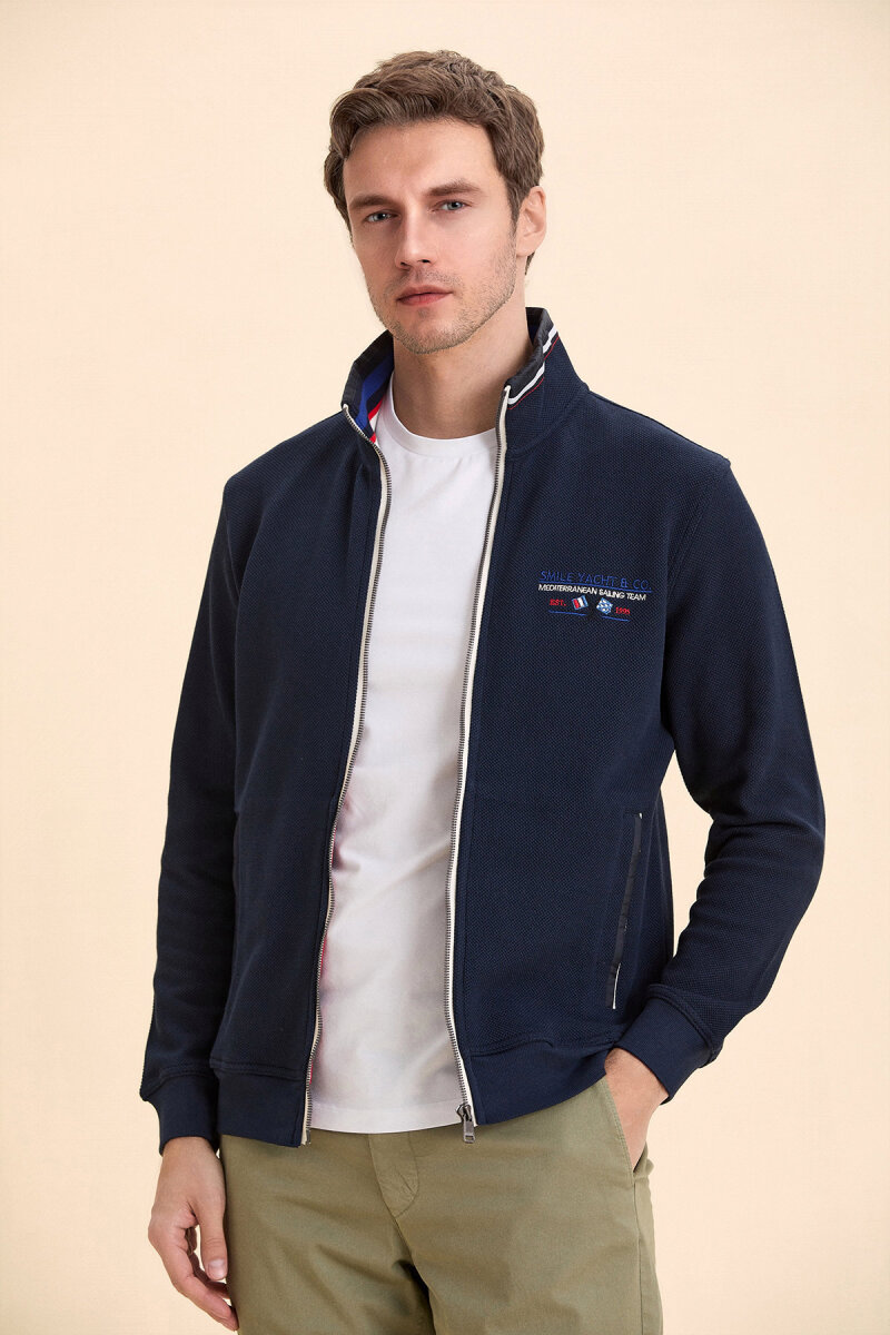 Navy Blue 100% Cotton Embroidered Marine Sport Jacket - 3