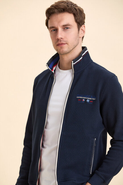 Navy Blue 100% Cotton Embroidered Marine Sport Jacket - 5