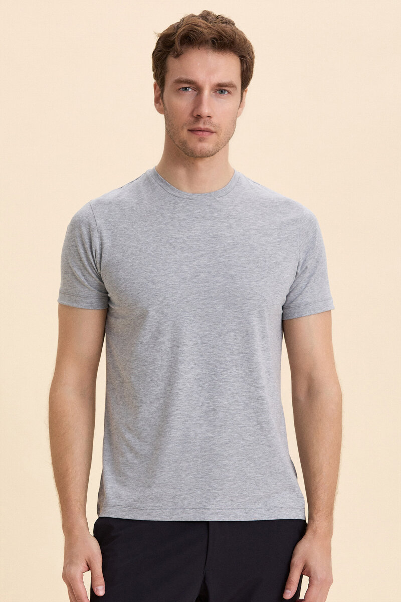 Grey Melange Cotton Basic T-shirt - 2