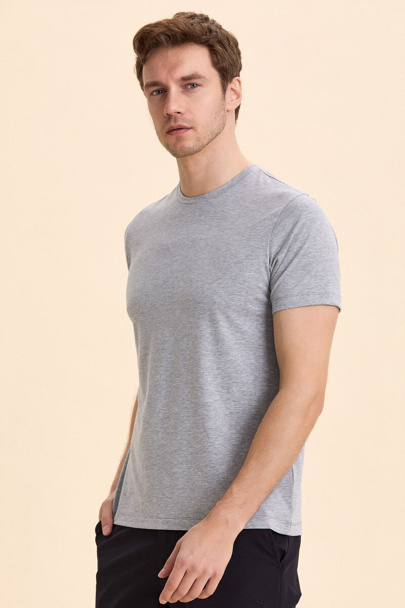 Grey Melange Cotton Basic T-shirt - 3