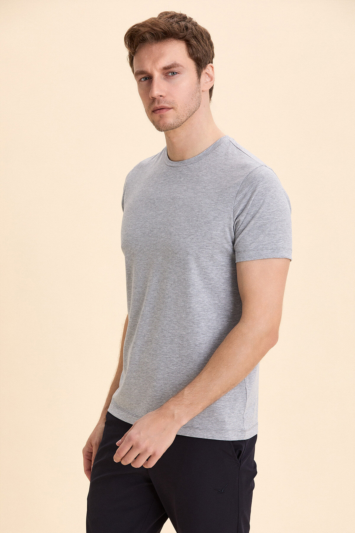 Grey Melange Cotton Basic T-shirt - 4