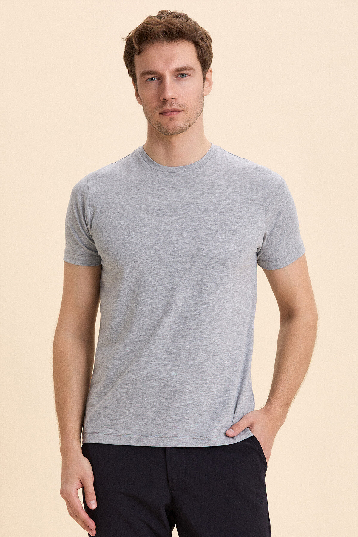 Grey Melange Cotton Basic T-shirt - 5