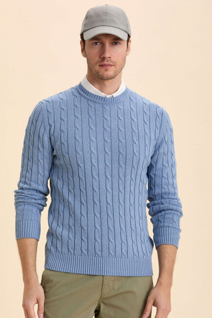 Blue 100% Cotton Cable Knit Crew Neck Sweater 