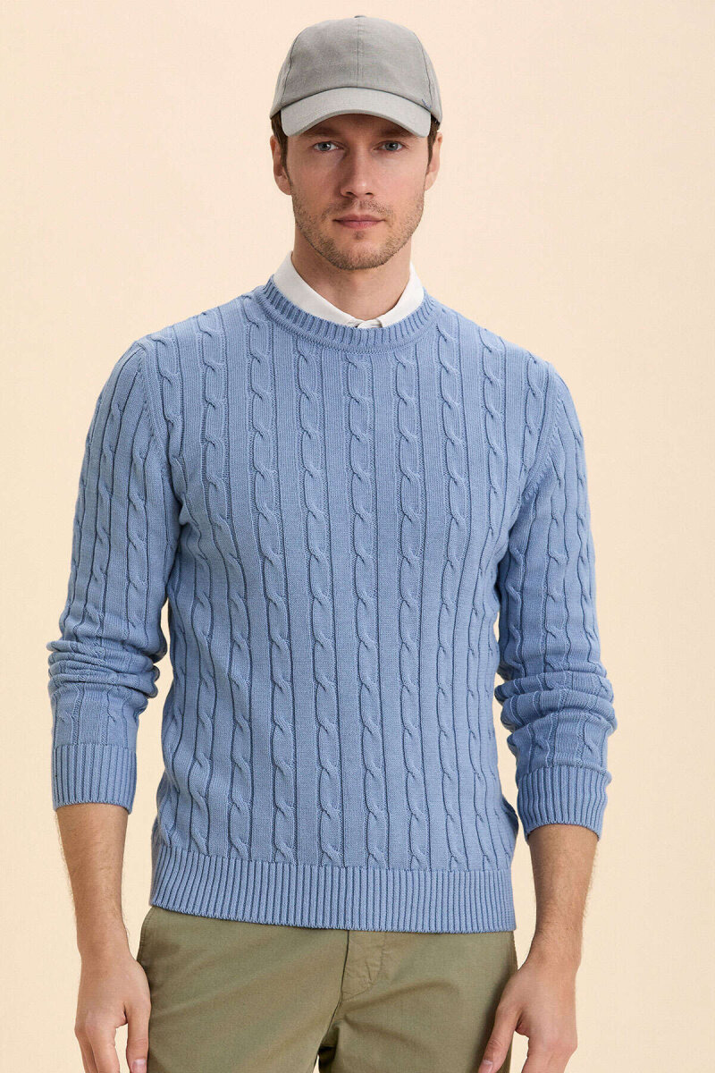Blue 100% Cotton Cable Knit Crew Neck Sweater - 1