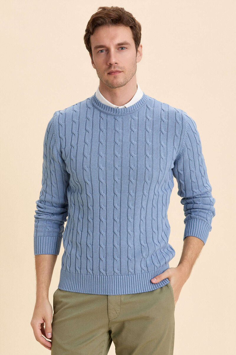 Blue 100% Cotton Cable Knit Crew Neck Sweater - 2