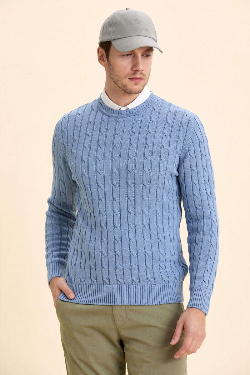 Blue 100% Cotton Cable Knit Crew Neck Sweater - 3