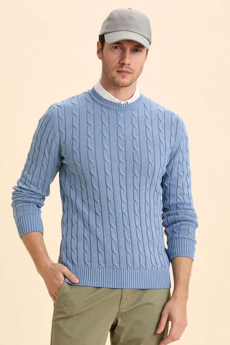 Blue 100% Cotton Cable Knit Crew Neck Sweater - 4