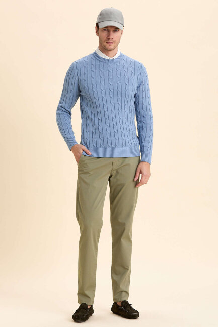 Blue 100% Cotton Cable Knit Crew Neck Sweater - 5