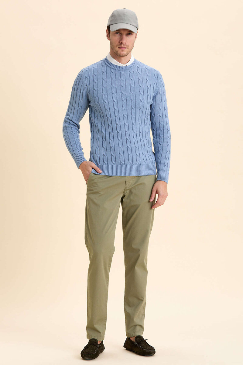 Blue 100% Cotton Cable Knit Crew Neck Sweater - 5