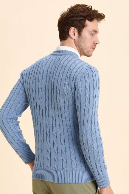 Blue 100% Cotton Cable Knit Crew Neck Sweater - 6