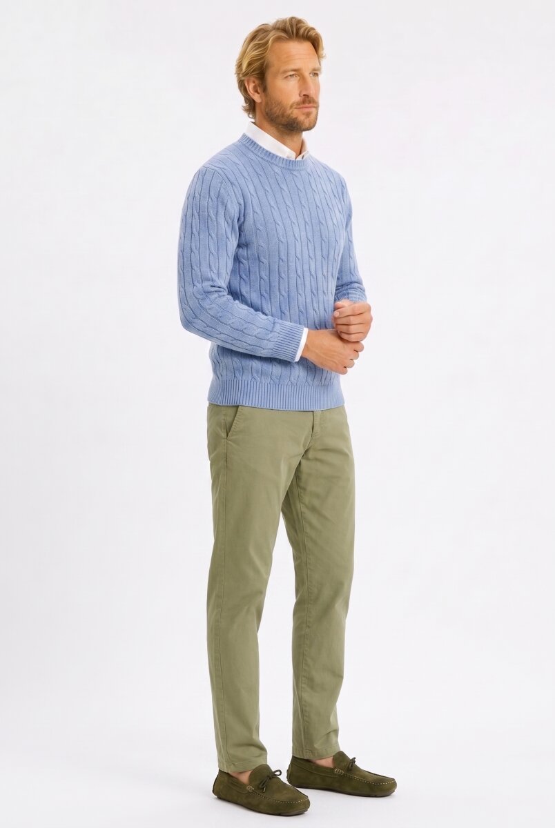 Blue 100% Cotton Cable Knit Crew Neck Sweater - 3
