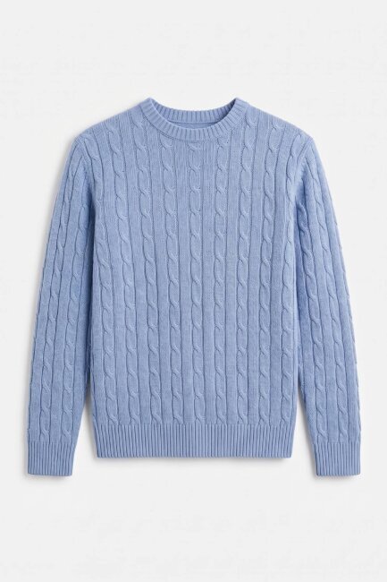 Blue 100% Cotton Cable Knit Crew Neck Sweater - 1