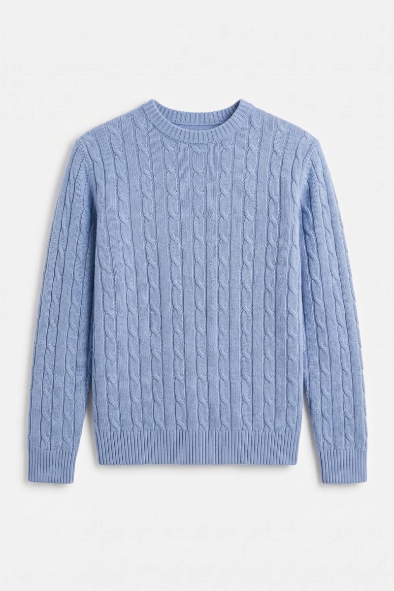 Blue 100% Cotton Cable Knit Crew Neck Sweater