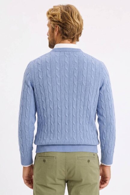 Blue 100% Cotton Cable Knit Crew Neck Sweater - 4