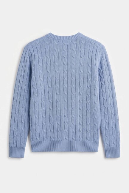 Blue 100% Cotton Cable Knit Crew Neck Sweater - 5