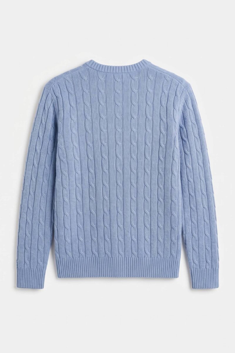 Blue 100% Cotton Cable Knit Crew Neck Sweater - 5