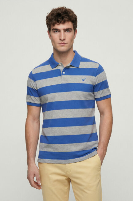 Gri - Sax %100 Pamuk Çizgili Polo Tişört