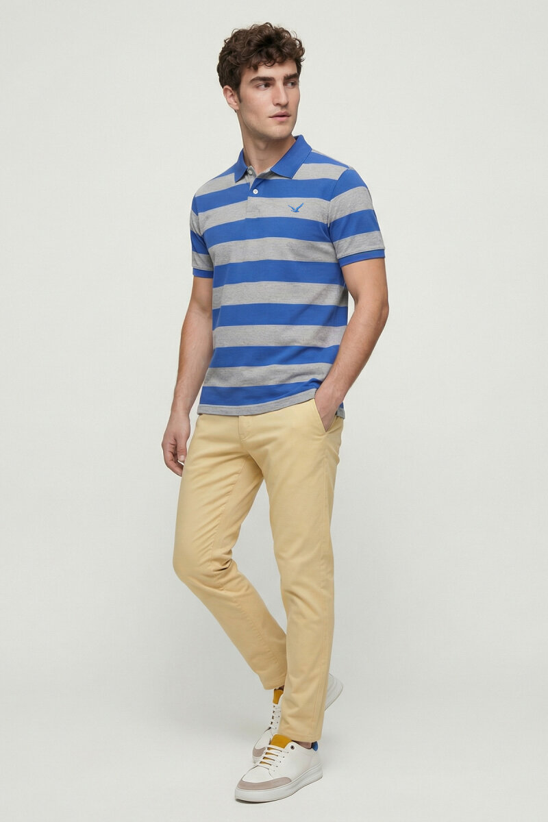 Gri - Sax %100 Pamuk Çizgili Polo Tişört - 2